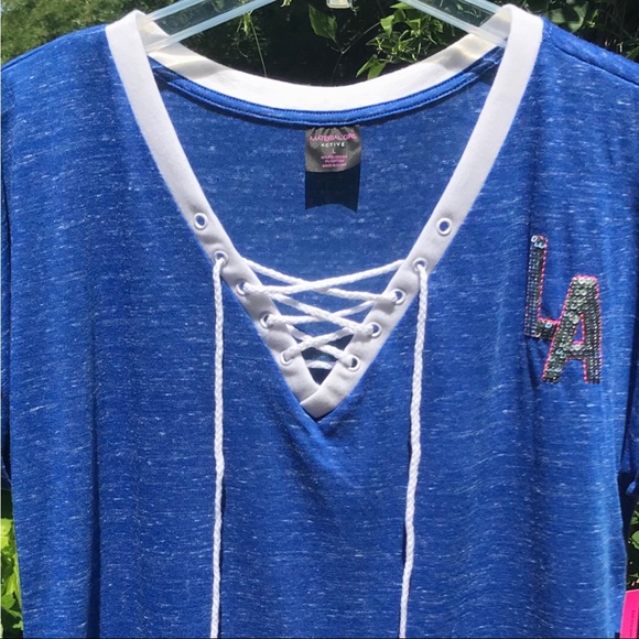 Material Girl Lace up V-neck “LA” Bling T-shirt - Picture 5 of 16